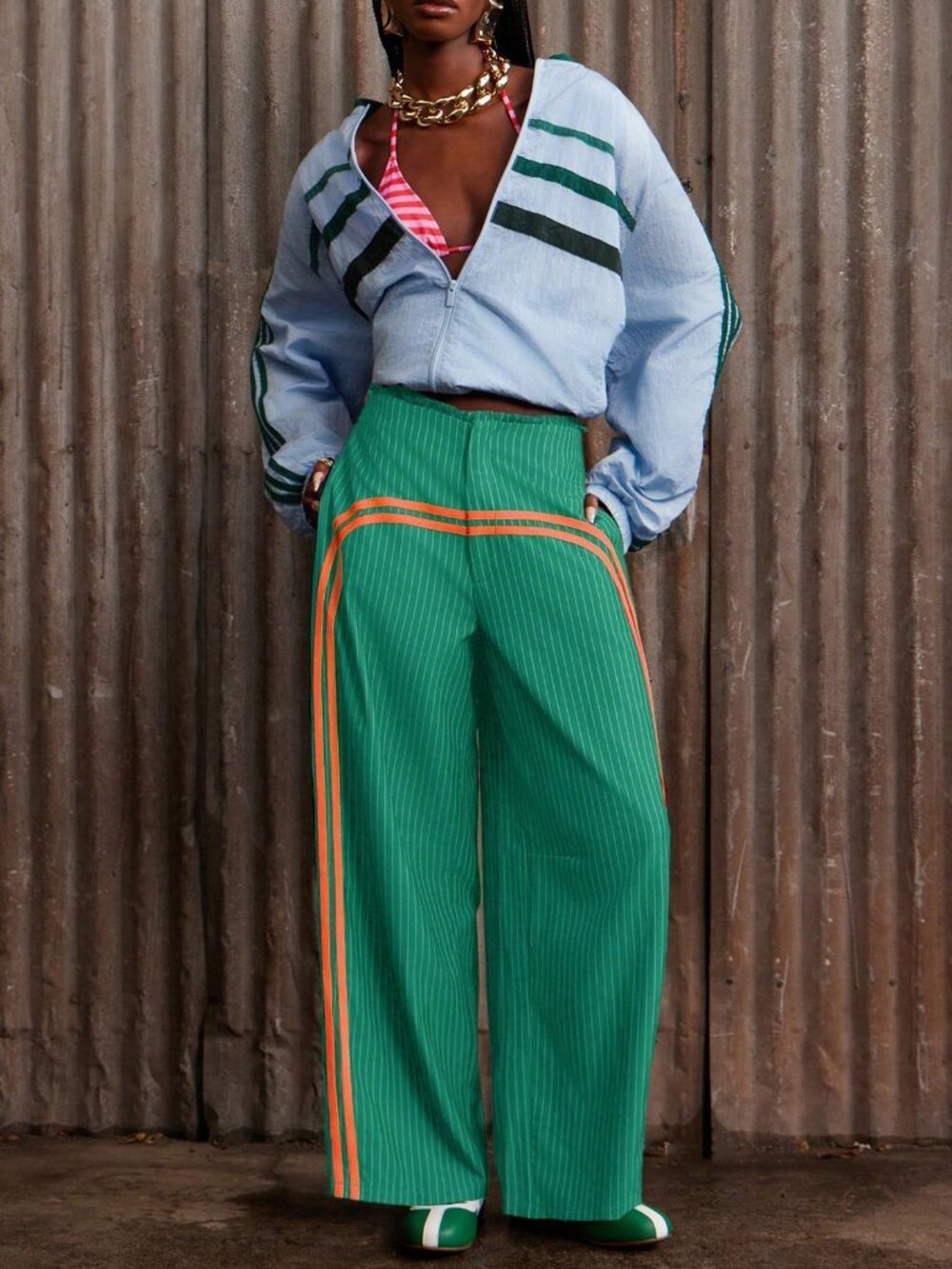 Green Casual Women's striped wide legged Pants - Picture 4 of 7